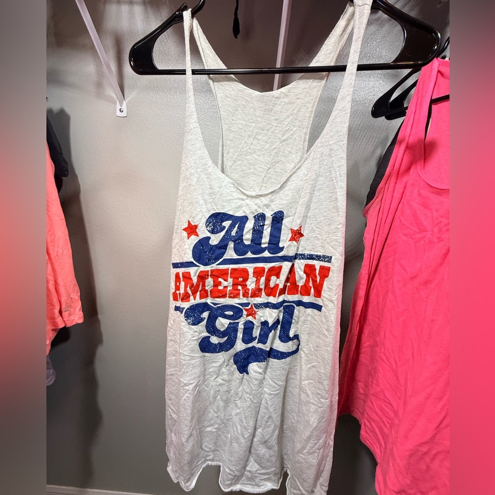 USA Graphic Tank Top Womens XL Patriotic Red White Blue Racerback